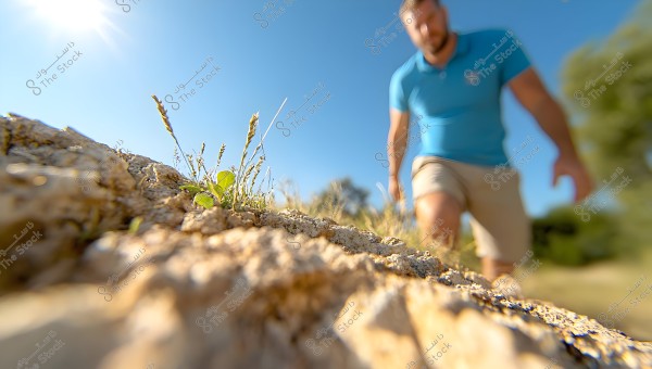The image shows a rocky ground with small green plants growing under bright sunlight in a clear blue sky. In the background, a person is visible wearing a blue shirt and beige shorts, though the image is out of focus near the person.