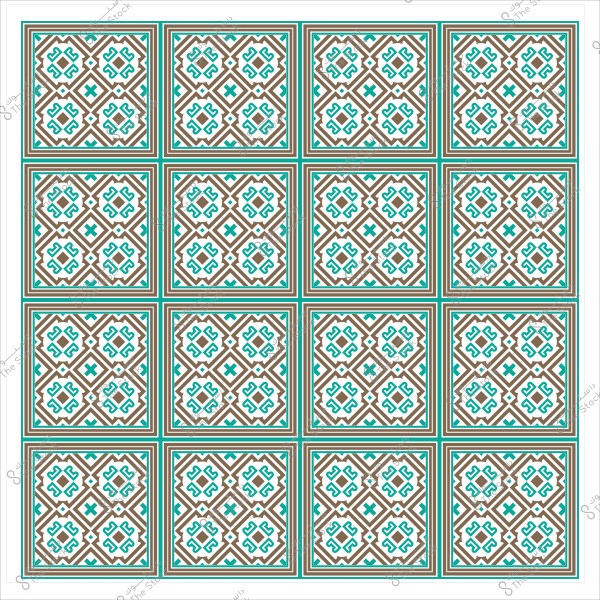 Geometric design featuring repeated patterns in brown, blue, and white within squares.