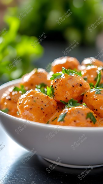 A white bowl filled with meat or vegetable balls covered in a creamy orange sauce, garnished with black seeds and fresh green leaves. The background features blurred shades of greenery, adding a natural look.