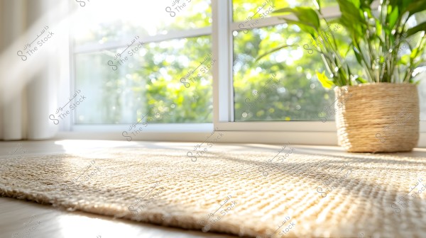 An image depicting a bright and softly lit room corner with sunlight streaming in through a large window. On the floor is a woven beige rug, next to a green plant placed in a wicker basket. The atmosphere suggests calm and comfort.