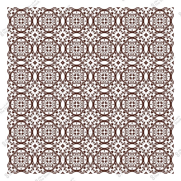 نمط زخرفي إسلامي متكرر باللون البني على خلفية بيضاء, يشمل تصميمات هندسية وزهرية معقدة.