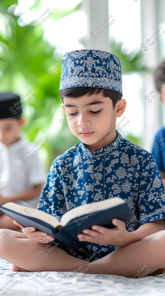 A young boy is sitting and focused while reading from an open book held in his lap. He is wearing a traditional patterned cap and a blue garment with white designs. A blurred background shows another boy in traditional white attire, suggesting a scene from an Asian or Islamic country.