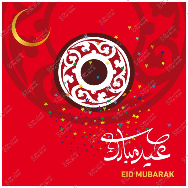 Greeting card design on a red background with \"Eid Mubarak\" in Arabic and English, featuring decorative crescent and stars.