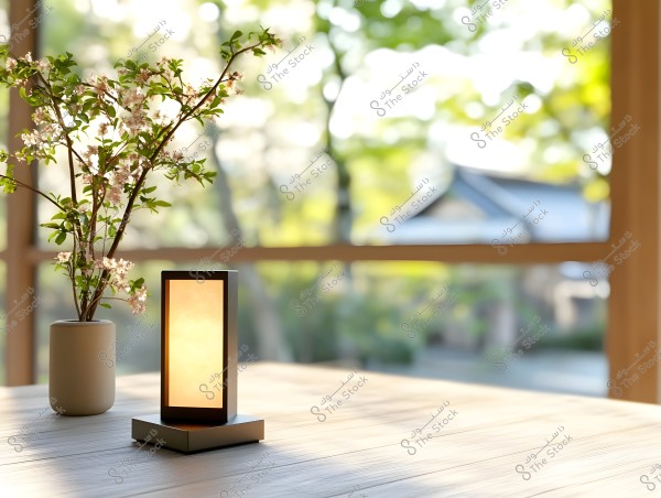 An image of a rectangular lamp lit on a wooden table, with a vase holding flowering branches next to it. In the background, there is a large window overlooking a bright garden with natural green hues, and an architectural structure suggesting Japanese or Asian-style design.
