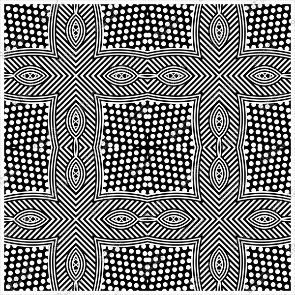نمط هندسي أسود وأبيض يتضمن خطوطًا متقاطعة ونقاطًا مكونة من مربعات مكررة.