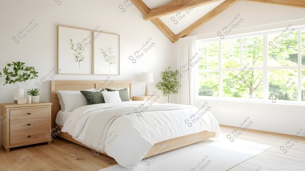 A bright and cozy bedroom featuring a bed with white cover and pillows in white and green colors. On the left side, there is a small wooden nightstand with green plants and a vase. Behind the bed, there are two framed botanical prints. A large window on the right allows natural sunlight to stream in, offering views of lush greenery outside. The decor is simple and natural with light wood and touches of plants.