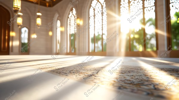 A view of the interior of a mosque with a prayer rug on the floor. Sunlight streams through the high ornate windows, casting a warm, soft light across the room. Traditional chandeliers hang from the ceiling, with grand architectural features visible in the background.