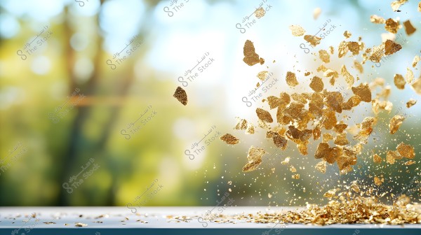 An image of scattered pieces of gold leaf flying into the air, set against a blurred natural background of tree shadows and green and blue hues. A white surface is visible at the bottom with some fallen gold leaves on it.