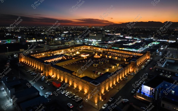 The image displays an aerial view of a fortress or castle illuminated with golden lights, surrounded by a lit-up city at sunset. The fortress is square-shaped and adorned with lighting that highlights its architectural details. In the background, mountains and clouds are visible on the horizon, while city lights fill the rest of the scene.