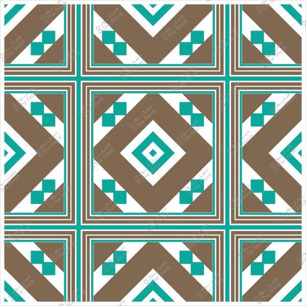 تصميم زخرفي يحتوي على مربعات متناسقة بألوان بني وأزرق فيروزي وأبيض.