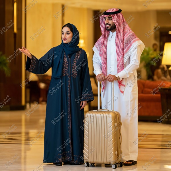 The image shows a man and a woman in a luxurious hotel lobby. The woman is wearing a dark long abaya with gold embroidery and a hijab, while the man is dressed in a white thobe and a red and white checked keffiyeh, traditional Gulf attire. The man stands next to a gold-colored suitcase.