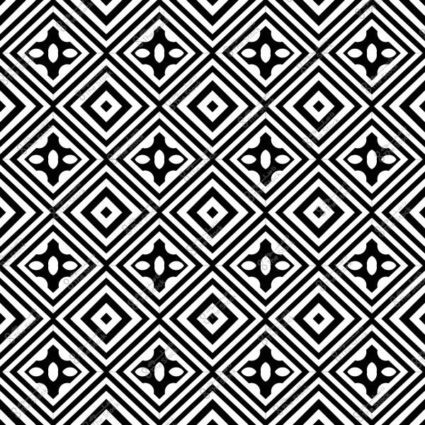 نمط هندسي أسود وأبيض متماثل يحتوي على أشكال مربعة ودوائر متداخلة.