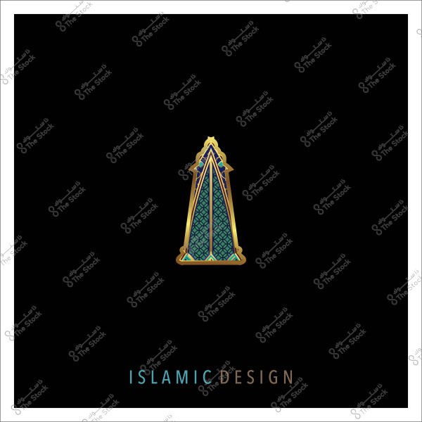 Islamic design with a geometric decorative pattern in gold and blue on a black background.