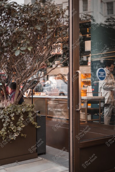 Customers sitting in a café during the day with plants in the foreground and reflections on the glass.