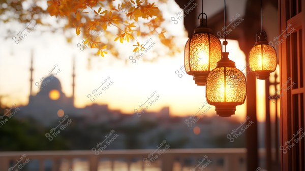 A scene of intricately designed glass lanterns hanging from the ceiling of a house\'s facade, glowing warmly from within. Wooden windows and pillars are visible beside the lanterns. In the distant background, a mosque with domes and minarets is silhouetted against the sunrise or sunset, adding a serene and spiritual feel to the image. Yellow foliage hangs from above.