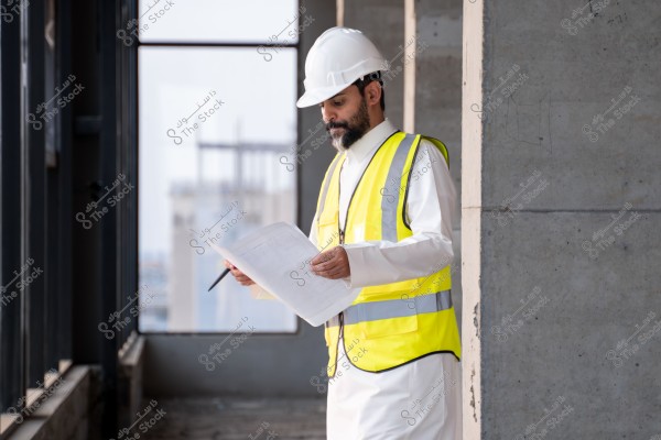 An engineer wearing a white helmet and a yellow safety vest with reflective stripes stands at a construction site, looking at a blueprint. He is dressed in a traditional white garment, and the setting appears urban with some buildings visible in the background.