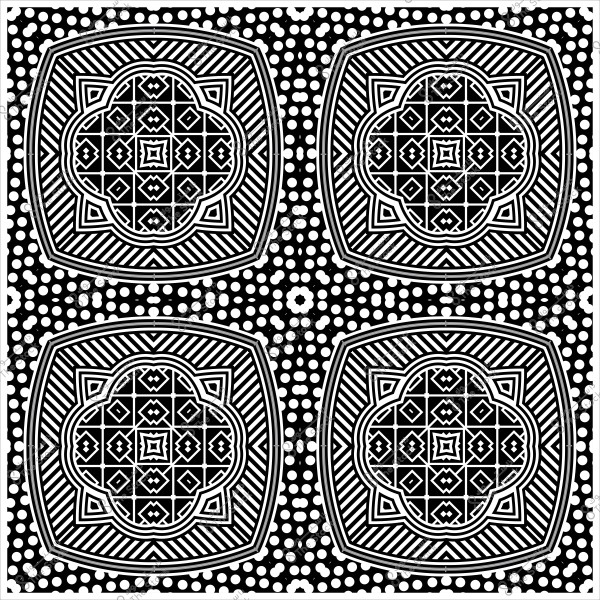 نقش أبيض وأسود بأشكال هندسية متناظرة وأشكال دائرية صغيرة.