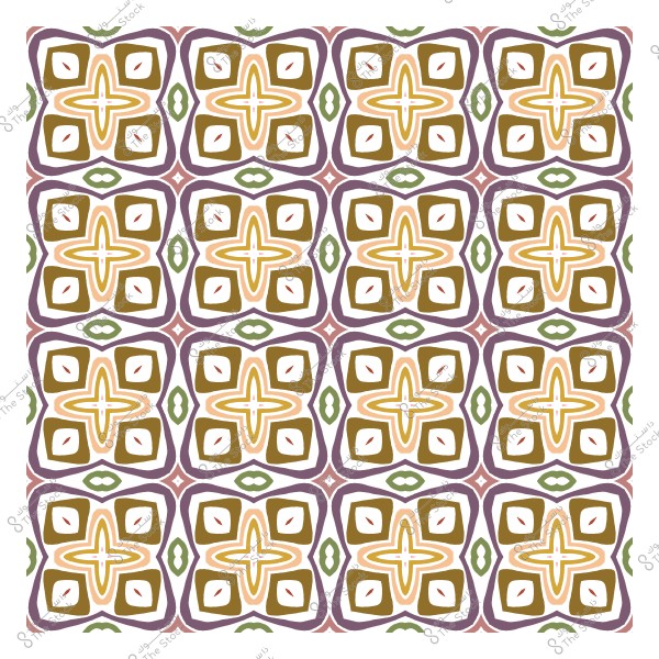 Repeated geometric pattern in brown, orange, and green with white details, resembling a mosaic.