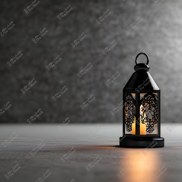 A black metal lantern on a table with warm lighting, featuring decorative details in the lantern\'s body. The background is blurred in dark gray.