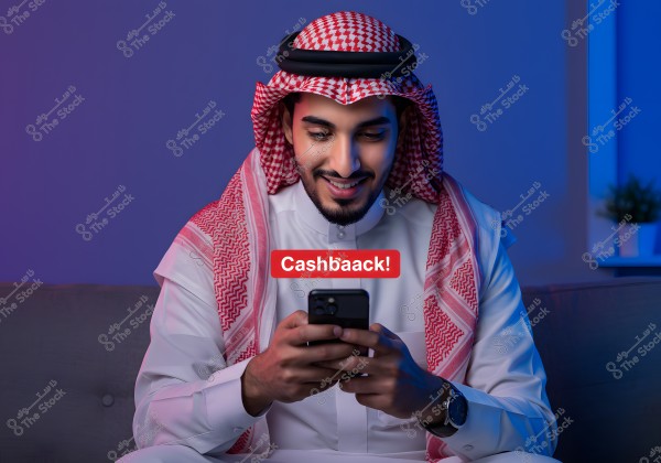 صورة لرجل يرتدي الثوب السعودي التقليدي باللون الأبيض والشماغ الأحمر, جالس على أريكة, ينظر إلى هاتفه الذكي بابتسامة. خلفية الصورة زرقاء داكنة ويوجد كتابة \"Cashbaack!\" باللون الأحمر على الصورة.