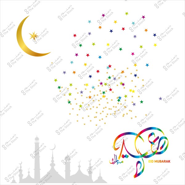 هلال ذهبي في السماء مع نجوم ملونة وكلمة \"عيد مبارك\" مزخرفة, مع رسم شبه شفاف لأبراج المساجد.