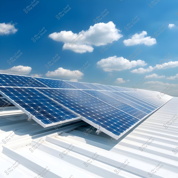 Solar panels installed on a white rooftop under a clear blue sky with some scattered white clouds. The solar panels reflect sunlight brightly, indicating a sunny and clear day.