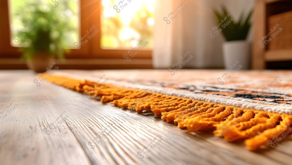 Image of an indoor scene showing the edge of a colorful orange and white rug with orange tassels on a wooden floor. The golden sunlight fills the room from a large window in the background, with a green potted plant visible behind the rug near the window.