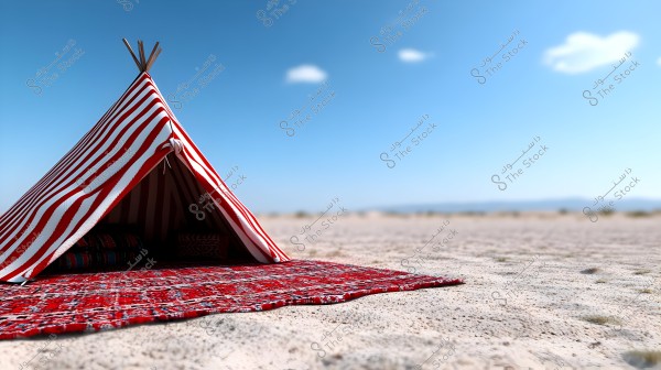 A traditional tent in the desert with red and white stripes, and a red patterned carpet in front. The white sand stretches to the horizon under a clear blue sky with a few small clouds.