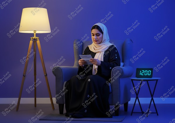 A woman wearing a black abaya and a beige hijab sits in a room with dark blue lighting. She is seated on a gray armchair and reading a paper. Next to her is a wooden floor lamp and an electronic clock indicating 12:00 on a small side table.