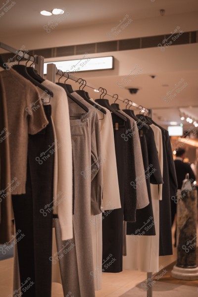 Neutral-colored clothing displayed on hangers in a clothing store.