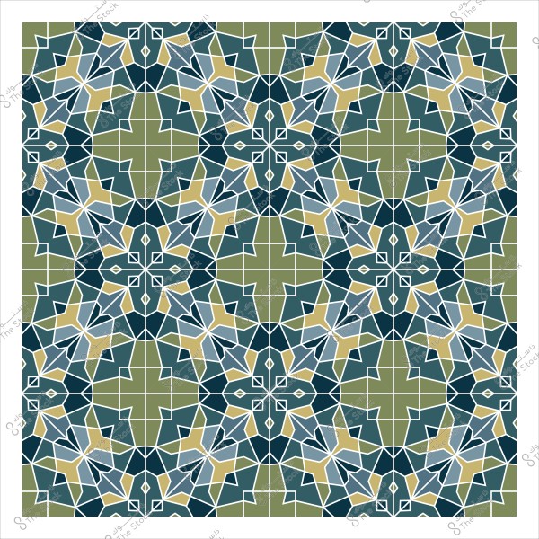 نمط هندسي إسلامي ملون بأشكال متشابكة باللونين الأخضر والأزرق مع تفاصيل صفراء.