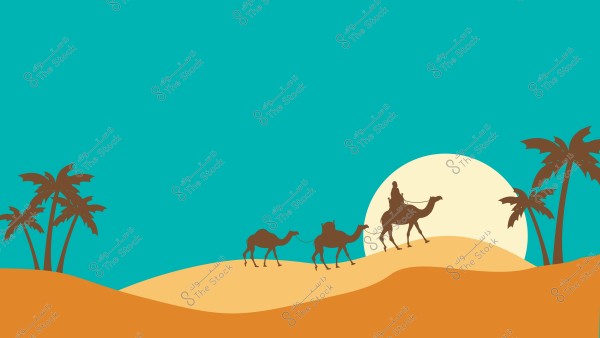 رسم توضيحي يصور منظرًا لصحراء مع ثلاث جمال تسير في صف واحد على كثبان رملية تحت سماء زرقاء صافية. الجمل الأمامي يقوده شخص. هناك نخيل على الجانبين وقرص شمس كبير في الخلفية.