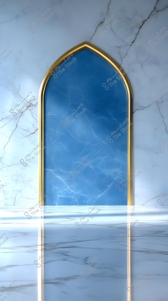 The image depicts an ornate arch with a golden frame set against a marble wall. The wall is adorned with marbled lines in shades of blue and white, giving a striking sky-like effect. The arch is centered in the image, surrounded by a smooth marble backdrop mixed with golden lines and marbled textures.
