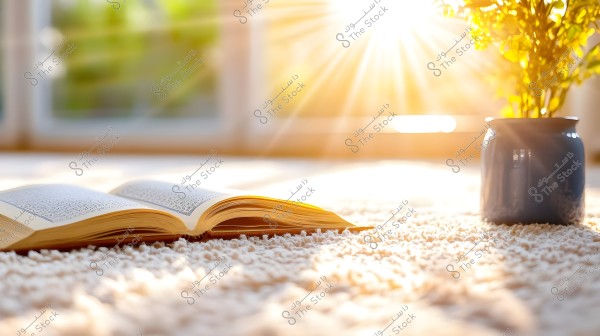 An open book placed on a soft white carpet next to a blue vase containing yellow flowers. Sunlight streams in from the window in the background, creating a bright and warm effect on the entire scene.