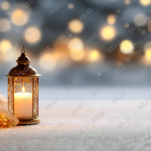 An image featuring a traditional decorative golden metal lantern with a lit candle inside, placed on a snow-covered surface. In the background, there are warm blurred bokeh lights in shades of orange and yellow, creating a calm and cozy atmosphere.