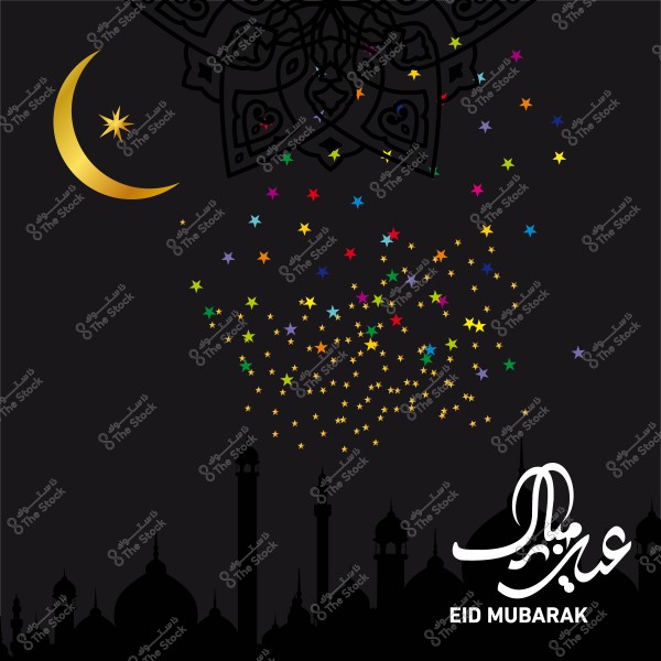 Greeting design featuring a golden crescent moon and multicolored stars with the text \"Eid Mubarak\" in Arabic calligraphy on a black background.