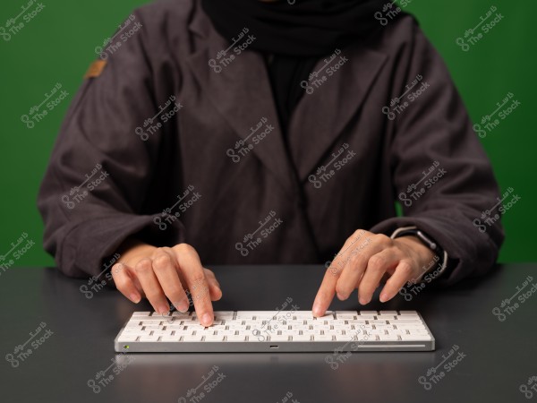 A person wearing a coat typing on a white keyboard against a green background.