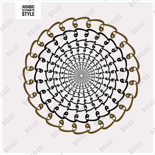نمط حلزوني مزخرف يتكون من حروف الأبجدية العربية باللونين الأسود والذهبي.