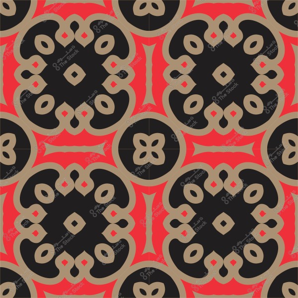 Decorative pattern with repeating geometric shapes in black, red, and beige.