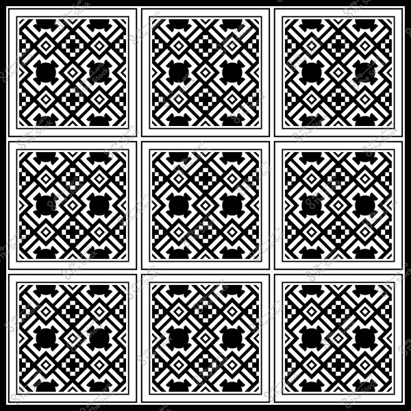 نمط هندسي بالأبيض والأسود يتكون من مربعات ذات تصاميم متكررة.