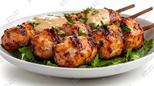 An image of a plate with skewers of grilled chicken, placed on a bed of lettuce leaves. The chicken is well-browned and topped with a creamy sauce, garnished with fresh green herbs. The dish is served on a white plate, set against a clean white background.