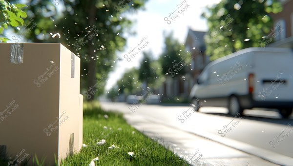 An image showing a large cardboard box with duct tape placed on the grass beside a road. In the background, a white van and a suburban street scene with houses and leafy trees are visible. Some leaves or petals are floating in the air, adding movement to the serene and picturesque ambiance of the image.