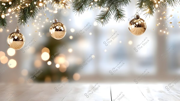 An image showing three shiny gold baubles hanging from a Christmas tree, near green tree branches. The background is blurred with small twinkling white lights, giving a festive and wintry feel. The wooden surface in front appears white and simple.