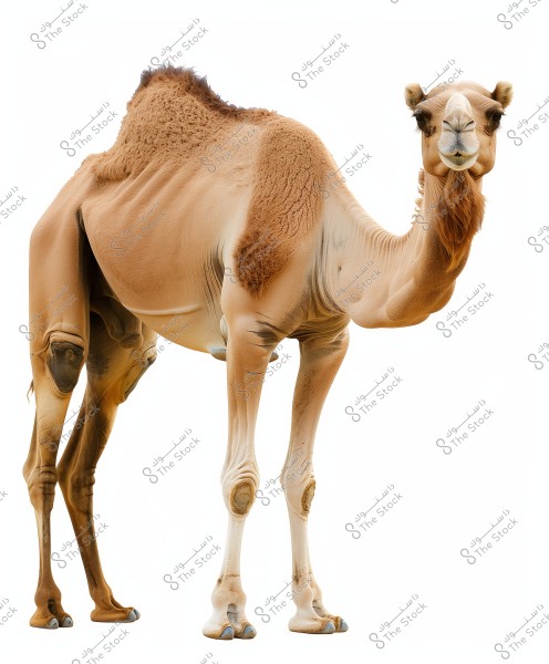 An image of a camel standing against a white background. The camel is shown in full, with detailed features of its soft brown fur. The camel appears in a dignified and stable stance, with its head slightly raised and tilted to the right.