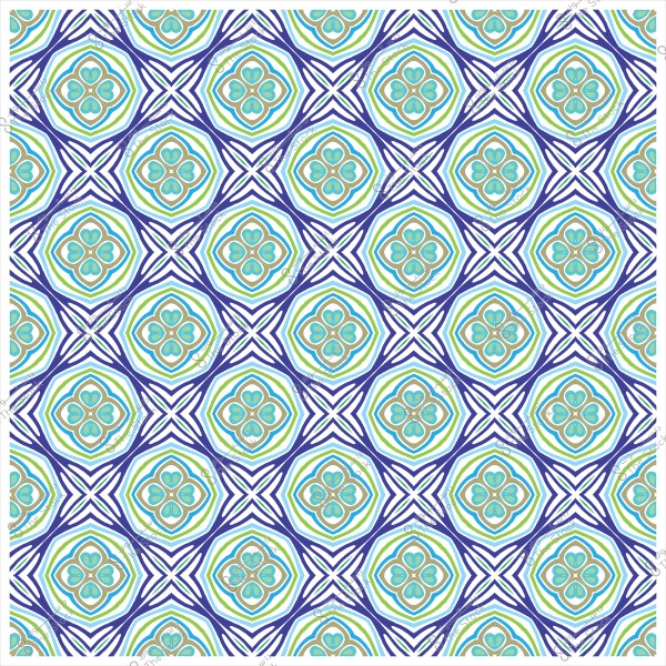 Symmetrical geometric decorative pattern in blue and green colors forming a repetitive design.