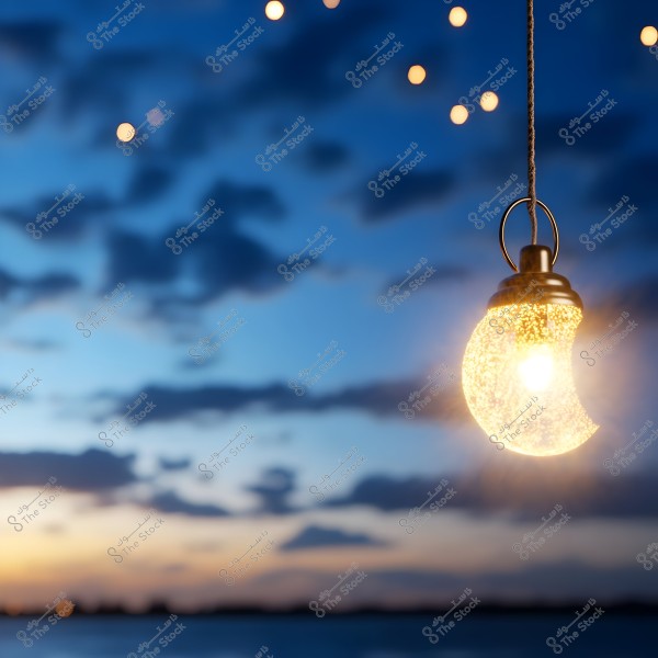 A crescent-shaped glowing lamp hanging by a cord, set against a backdrop of a blue sunset sky with scattered clouds and small hanging lights resembling stars.