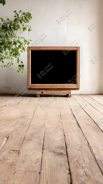 Image of a room with a light-colored wooden floor and a white wall. A large wooden frame is placed on a wooden stand in the middle of the room, with a green plant on the left side with leaves partially covering the wall.