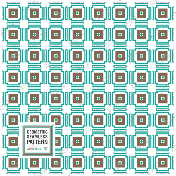 Geometric seamless pattern with square shapes in brown and turquoise with white details.