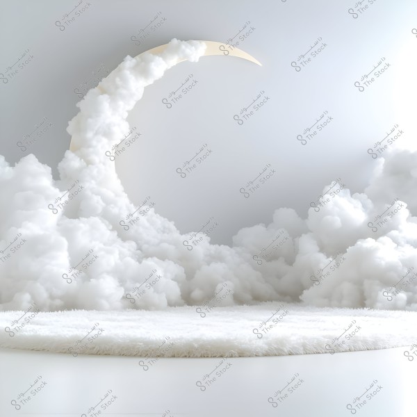 An image depicting a whimsical scene with a large crescent moon formed from clouds against a pure white background. The clouds are dense and softly lit over a light gray backdrop, creating a serene and tranquil atmosphere. The ground is covered with a soft, white plush surface resembling a fluffy carpet.