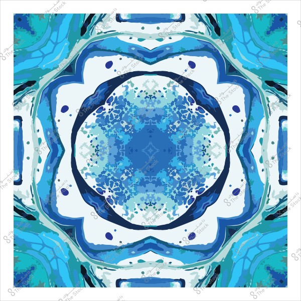 نمط ماندالا متماثل باللون الأزرق والأبيض, يتميز بتدرجات لونية متداخلة وأشكال هندسية دقيقة.